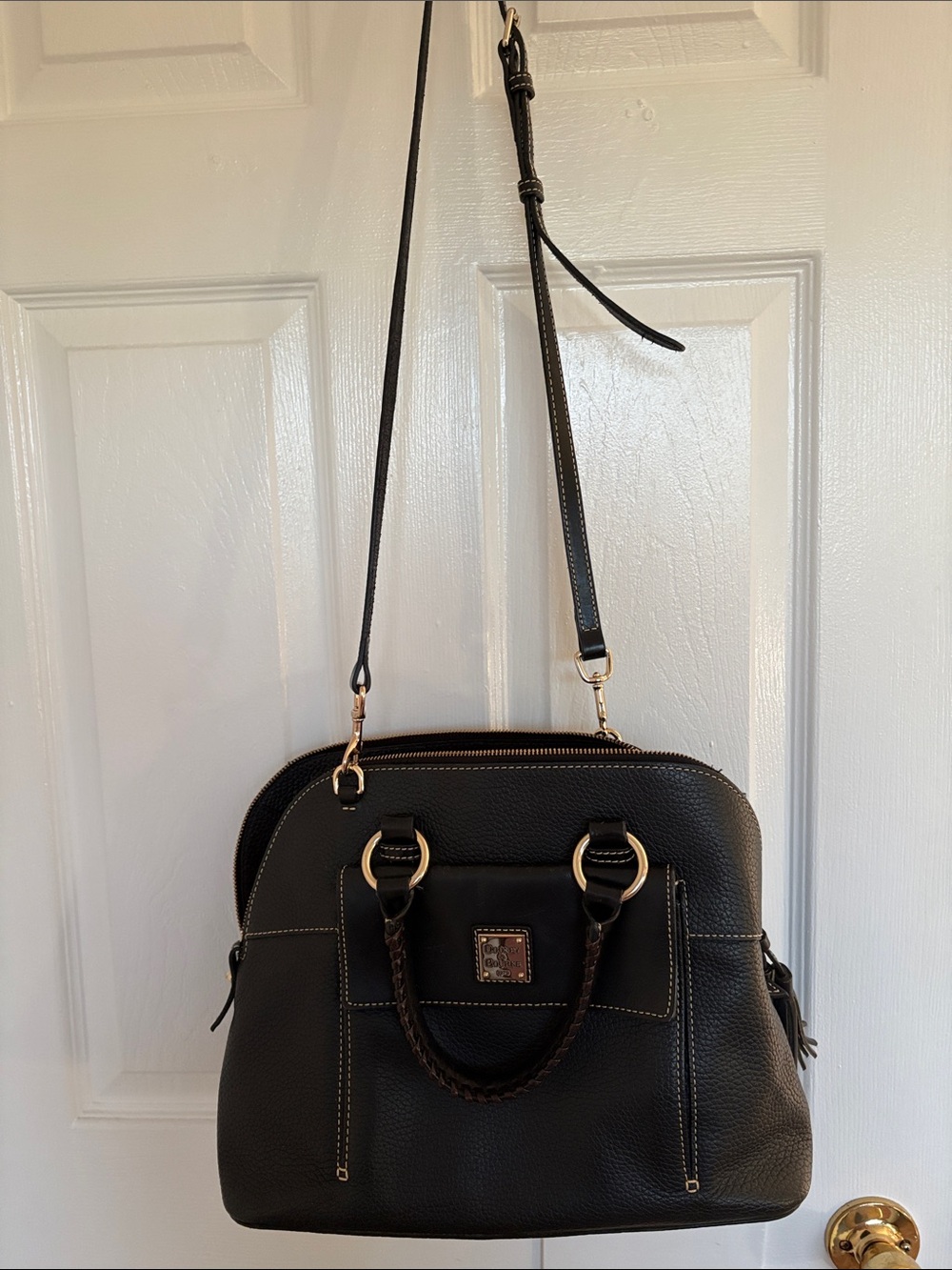 Dooney & Bourke Black Pebbled Leather Aubrey Satchel with Gold Hardware